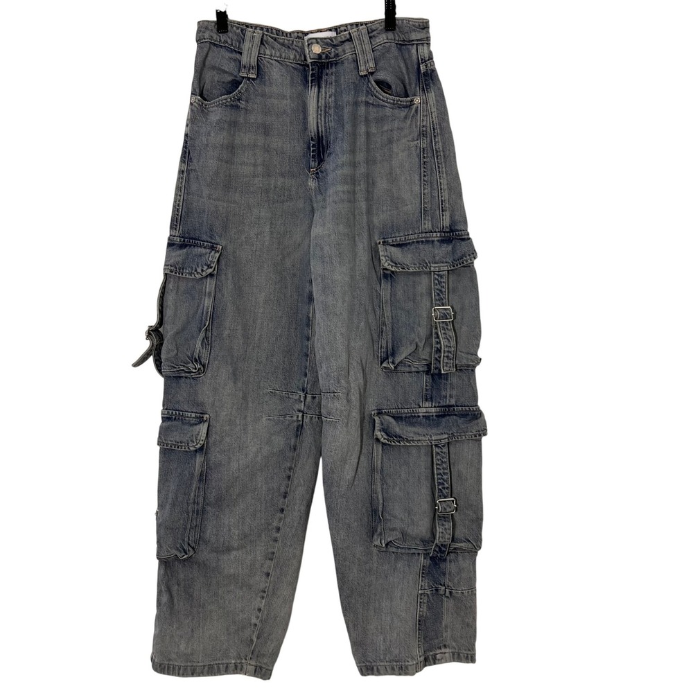 Zara Cargo Jeans Womens 6 Baggy Hi Rise Wide Leg Utility Multi Pocket Blue Denim